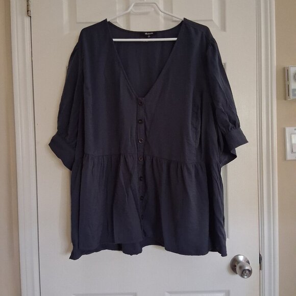 Madewell Women's Size 4X Navy Blue Drapeweave Puff Sleeve Peplum Top - Picture 4 of 13